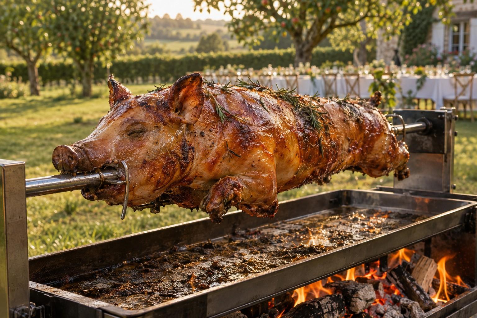 Cochon de lait rôti à la broche au-dessus des braises dans un jardin