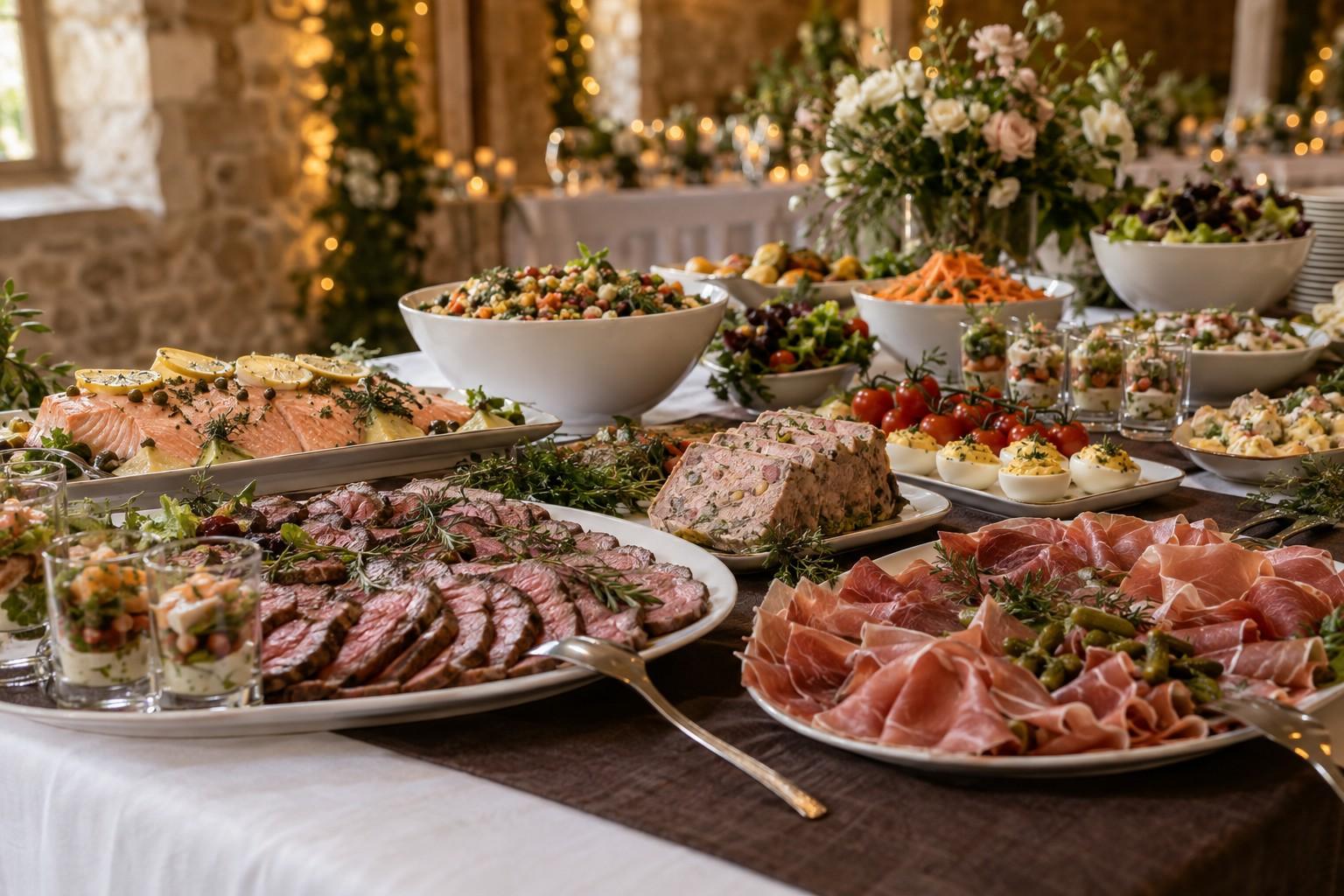Buffet froid : rôti de bœuf tranché, jambon cru, terrine, saumon, salades composées et verrines