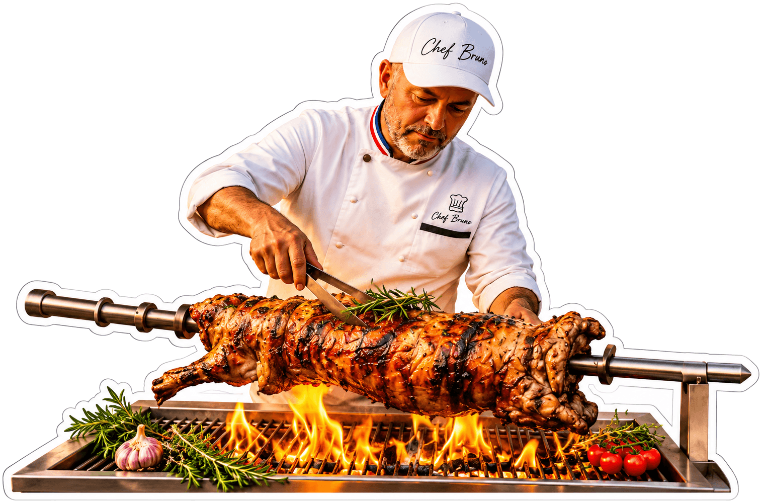 Chef Bruno découpe une pièce rôtie à la broche au-dessus des braises