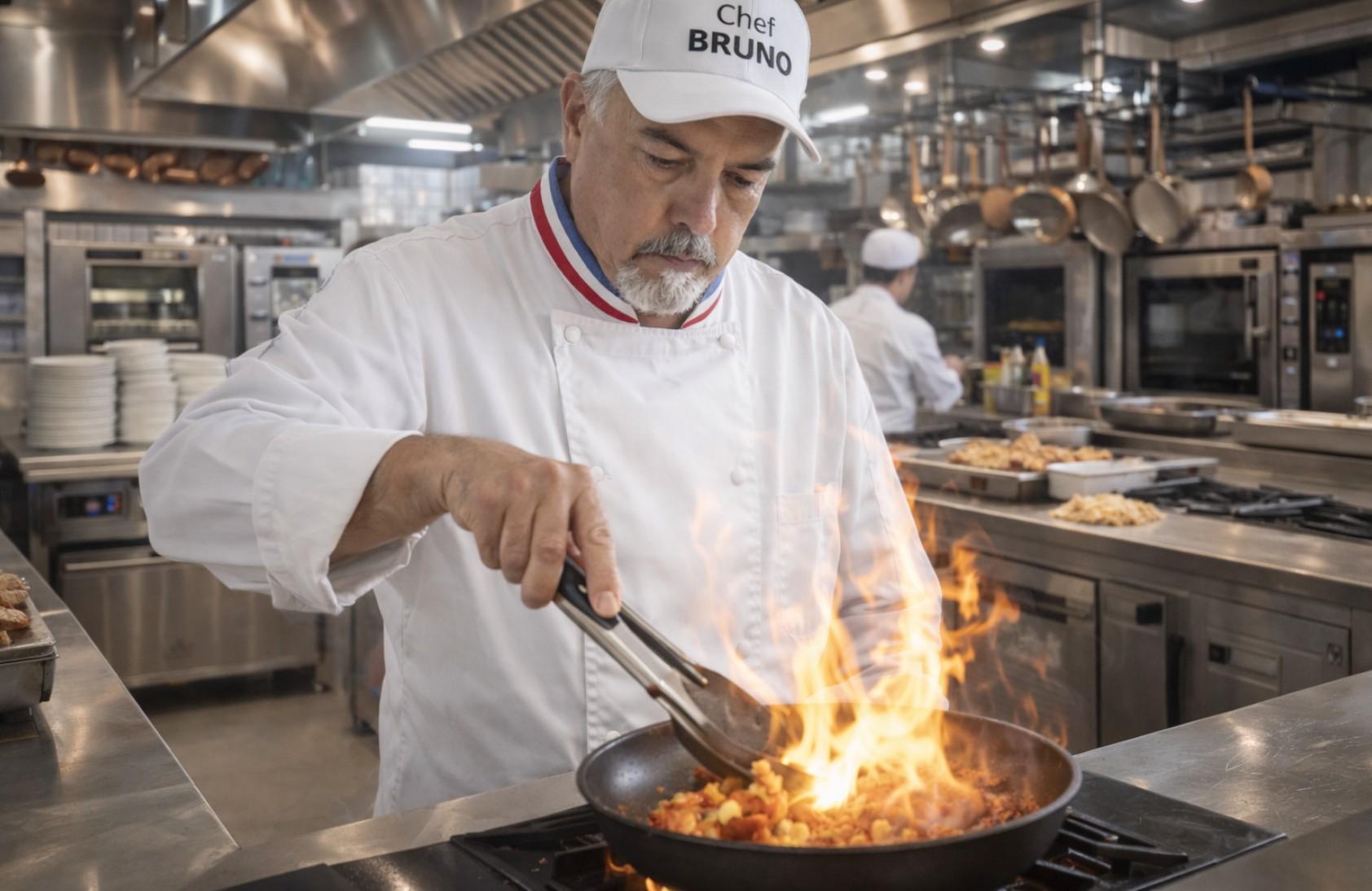Chef Bruno aux fourneaux, une poêle flambée en cuisine