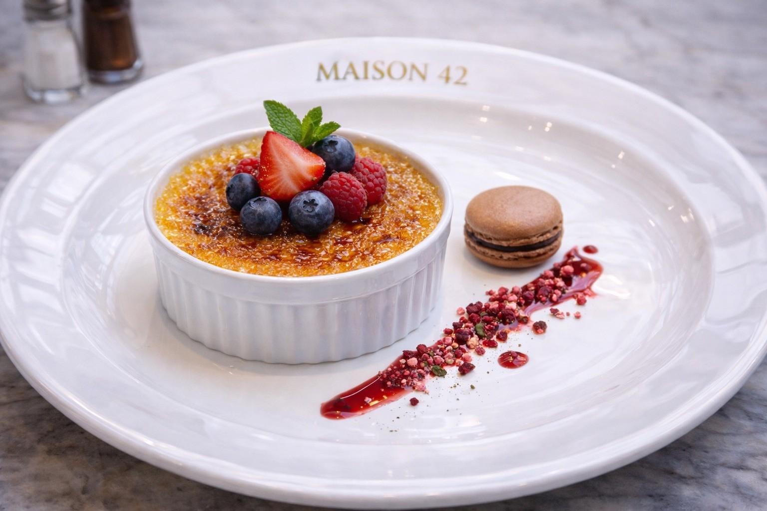 Crème brûlée aux fruits rouges et macaron