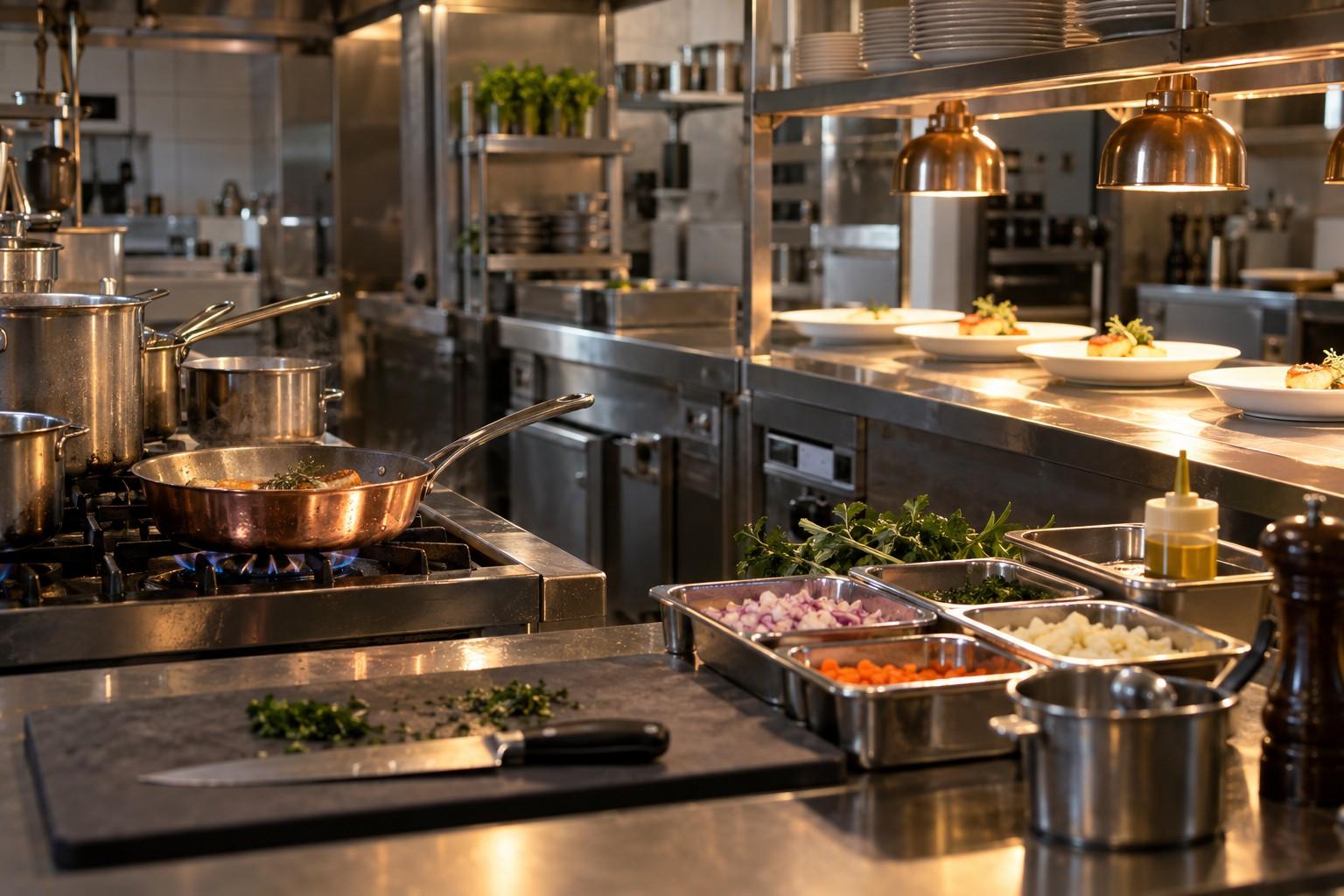 Cuisine professionnelle en préparation, mise en place et assiettes au passe