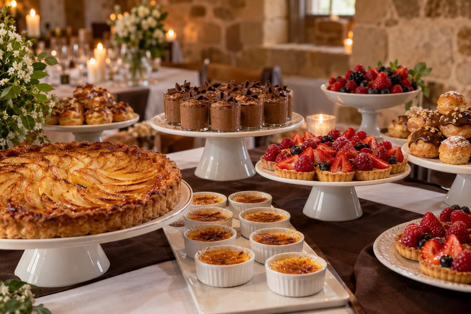 Buffet de desserts : tarte normande aux pommes, crèmes brûlées, tartelettes aux fruits rouges et choux