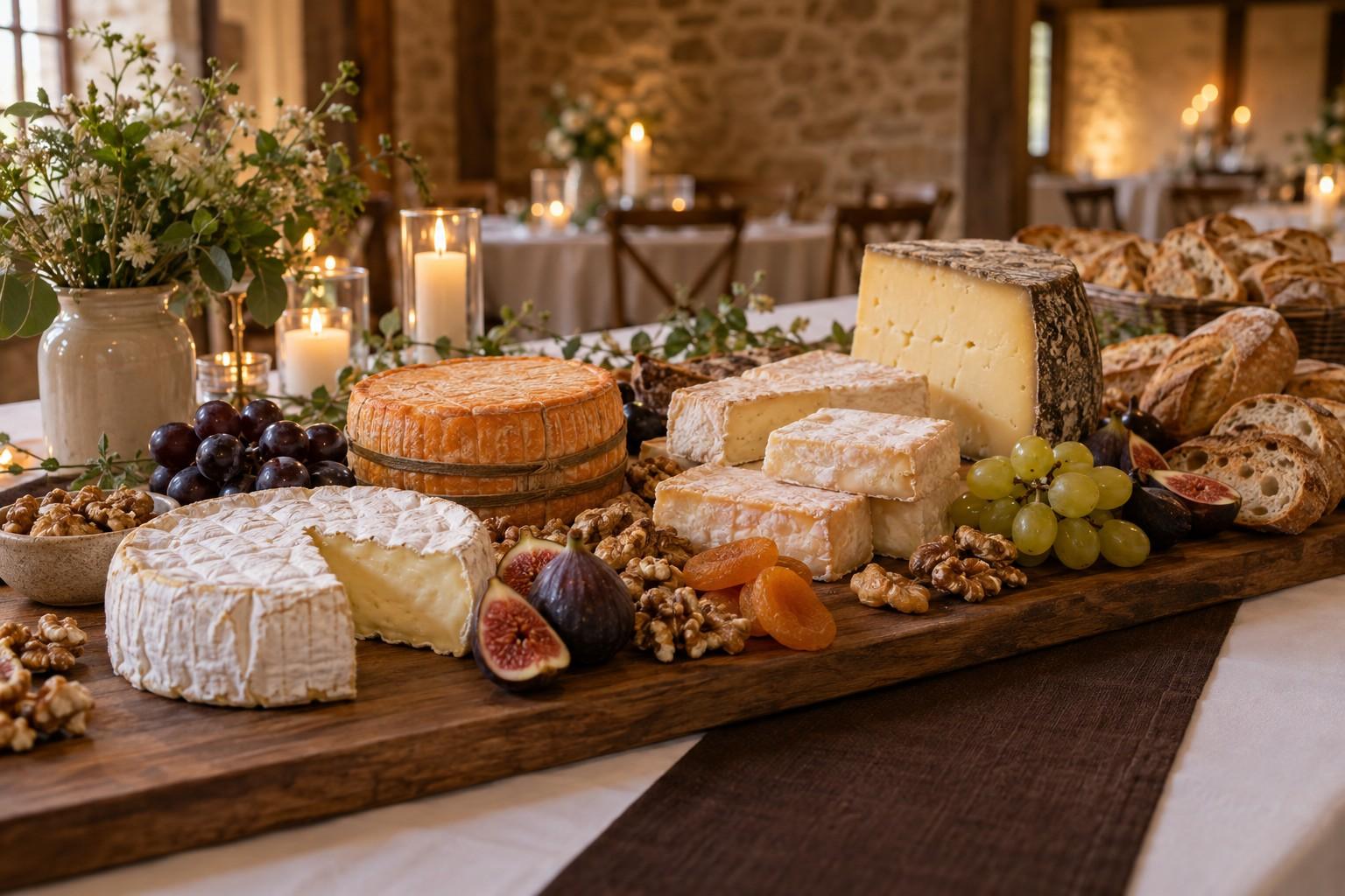 Table de fromages normands : camembert, livarot, pont-l’évêque, noix, raisins et pain de campagne