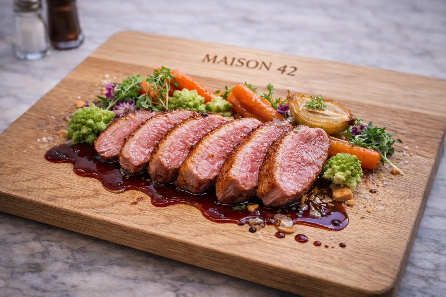 Magret de canard tranché, légumes de saison et sauce réduite sur planche