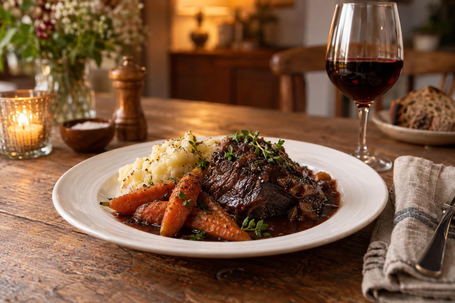 Joue de bœuf braisée au vin rouge, carottes glacées et purée, servie à table