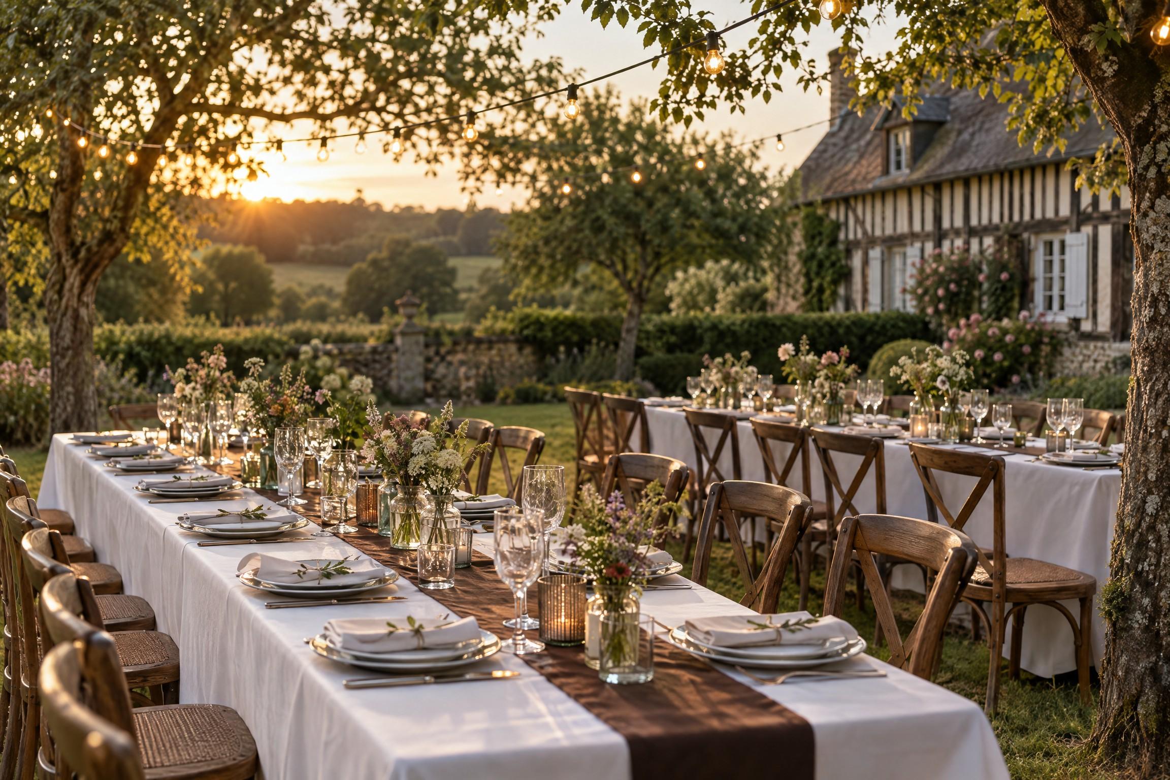 Tables de réception dressées dans un jardin normand sous des guirlandes lumineuses
