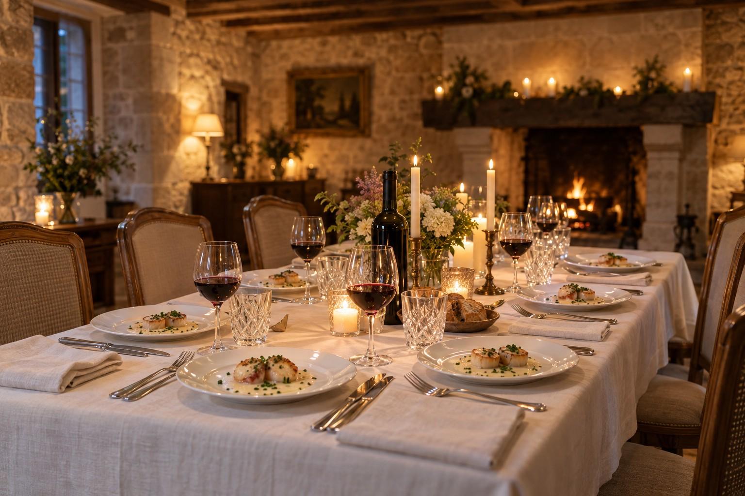 Table dressée pour un dîner à la maison, entrée servie à l’assiette et bougies