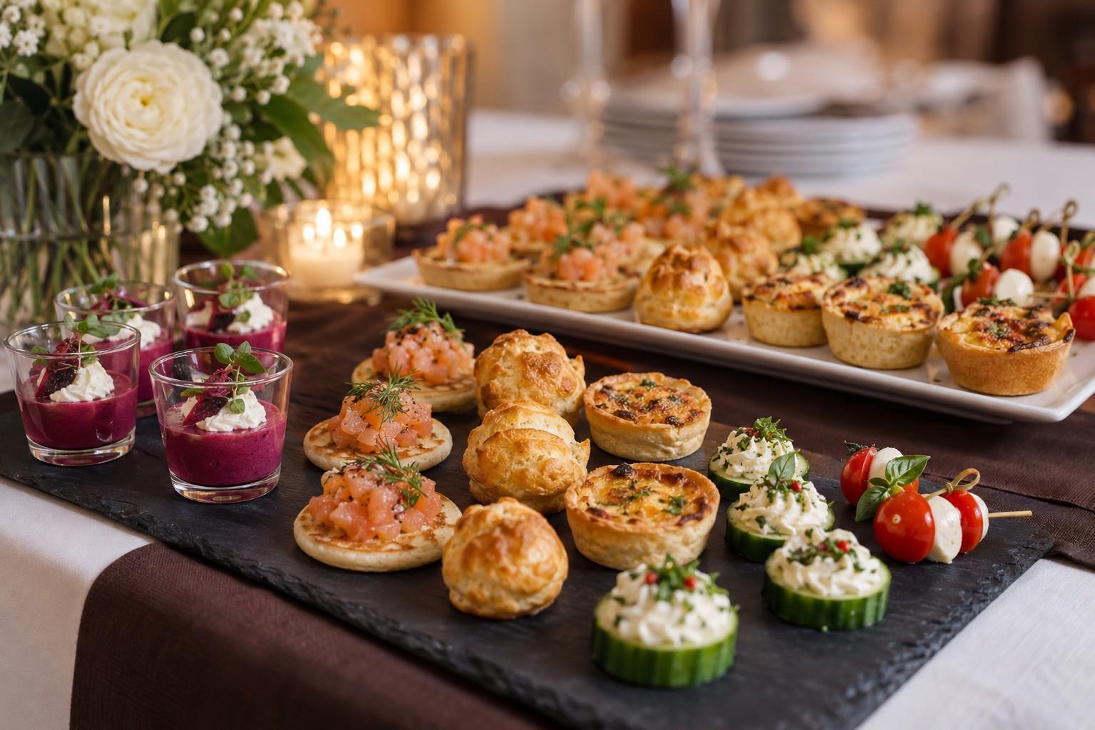 Plateau de verrines, mini-quiches, gougères et bouchées salées